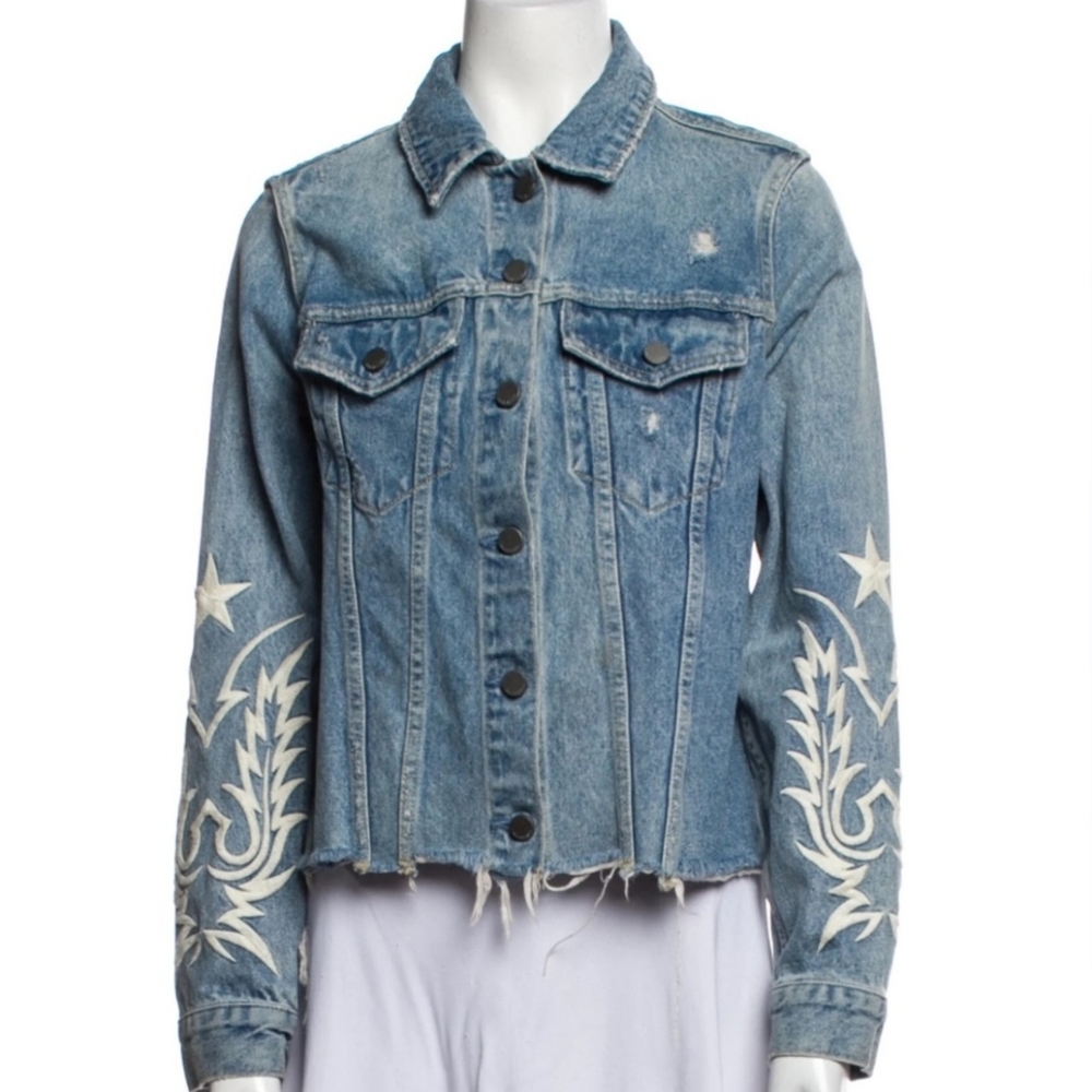 All Saints PHILLY Embroidered Denim Jacket with Star Accents Sz X Small